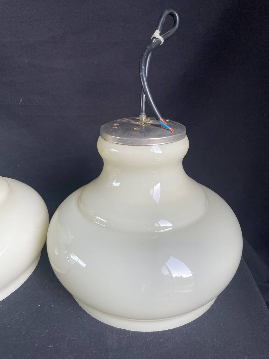 Pair of mid-century vintage opaline milk glass pendant lights
