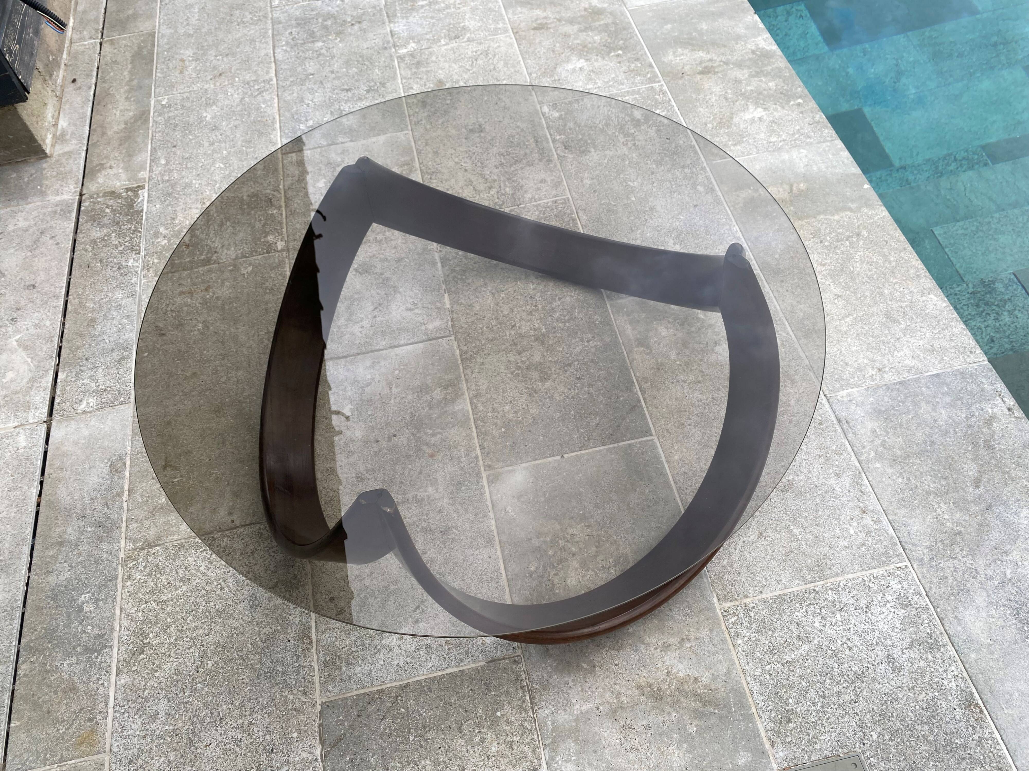 Vintage 1970s organic wood glass round coffee table