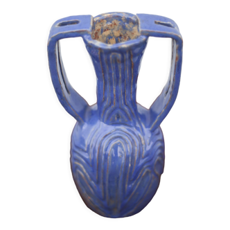 Vase en terre cuite vernissé bleu brutaliste 70