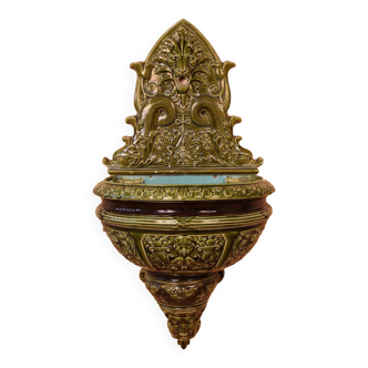 Large indoor ceramic wall fountain from sarreguemines 19th century