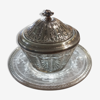 Jam maker, Drageoir, crystal sugar bowl engraved floral pattern and solid silver neck brace hallmark