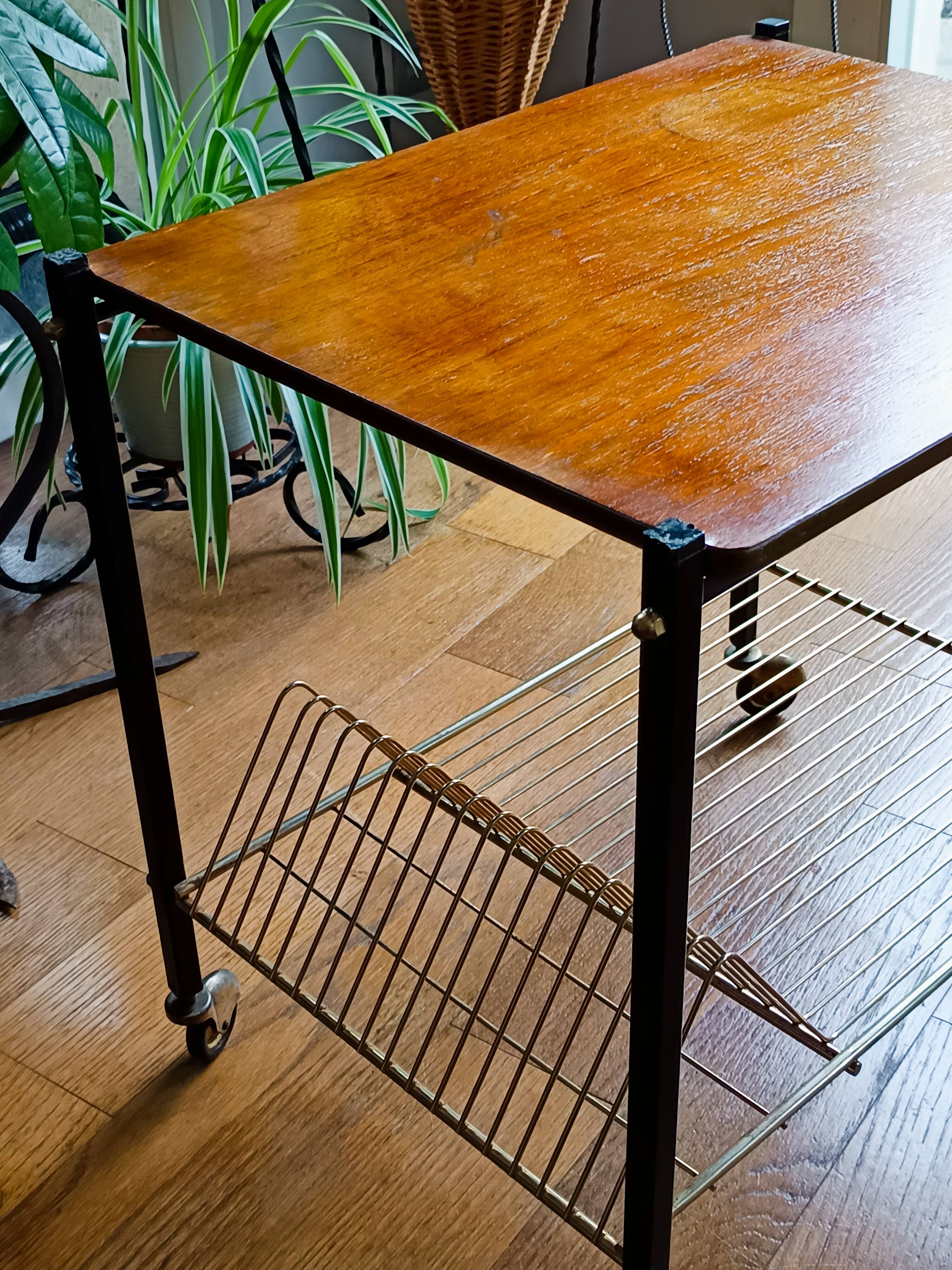 table roulante porte vinyles vintage des années 60 dessus bois