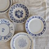 6 vintage dessert plates signed mismatched blue and white porcelain tableware - Lot E