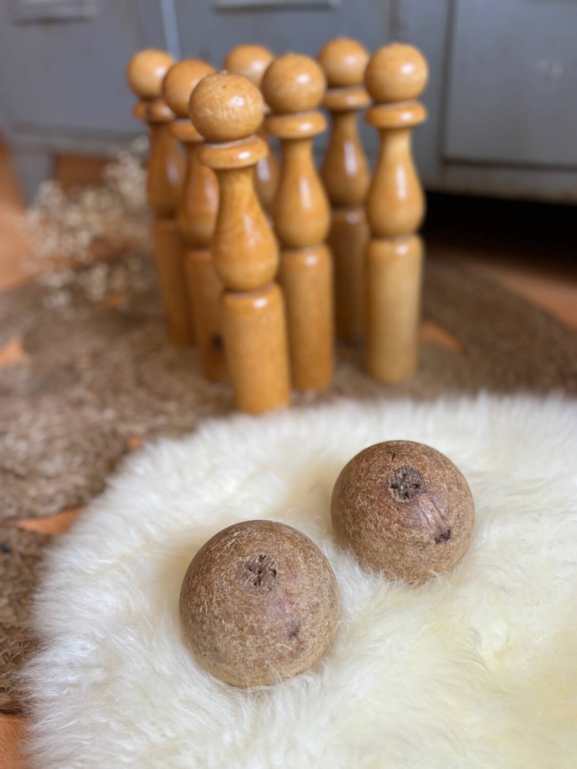 Old wooden bowling pins