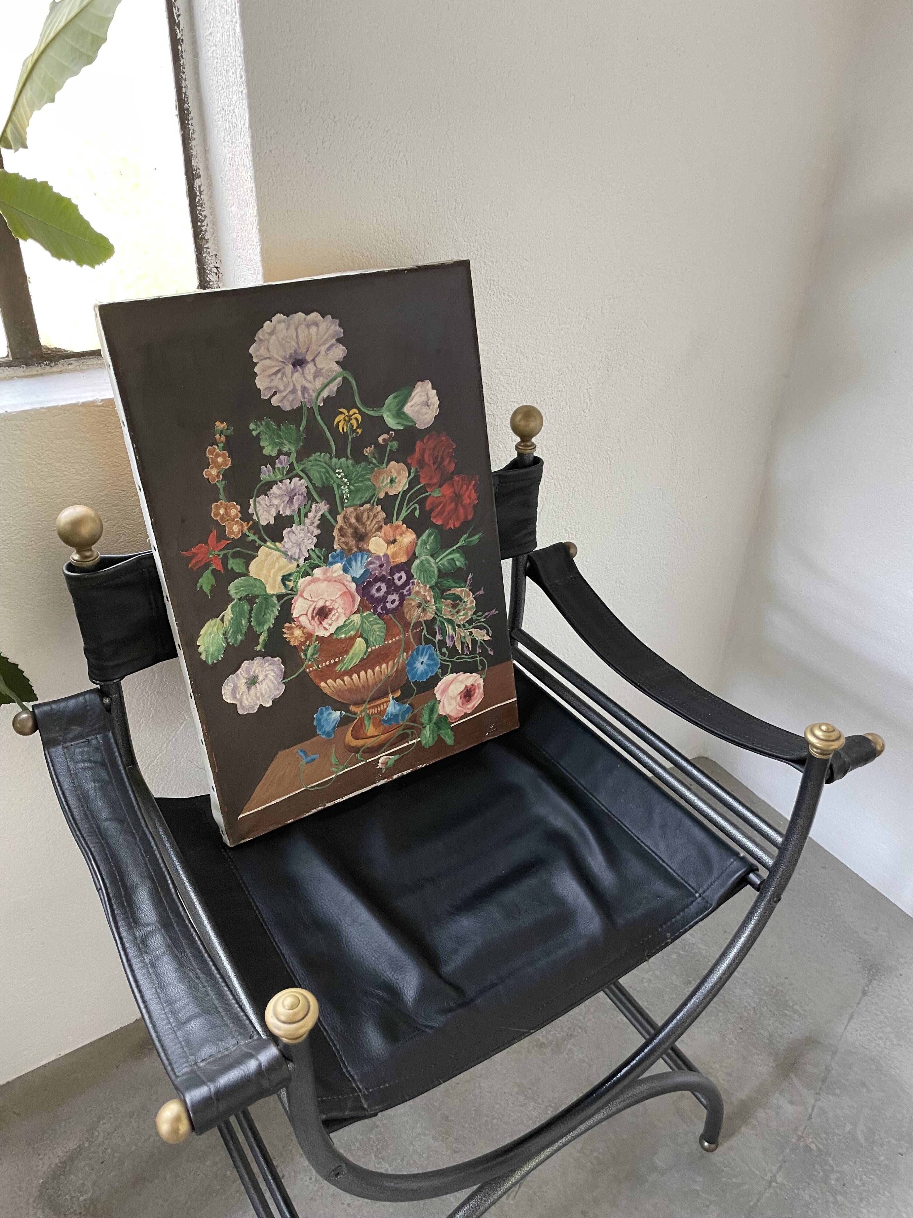 Oil painting on wood flowers signed Grumet