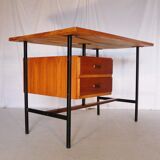 Modernist vintage desk in wood and black lace-up steel