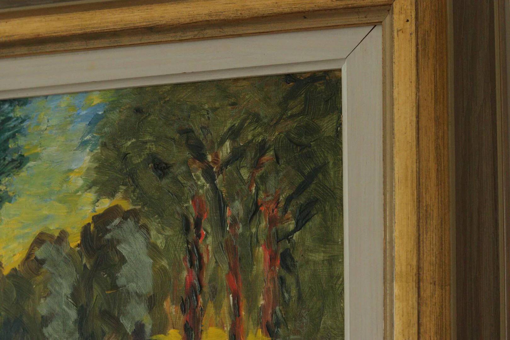 Huile sur panneau suédoise, "Lever de soleil dans un paysage de parc" par Gustaf Forsberg