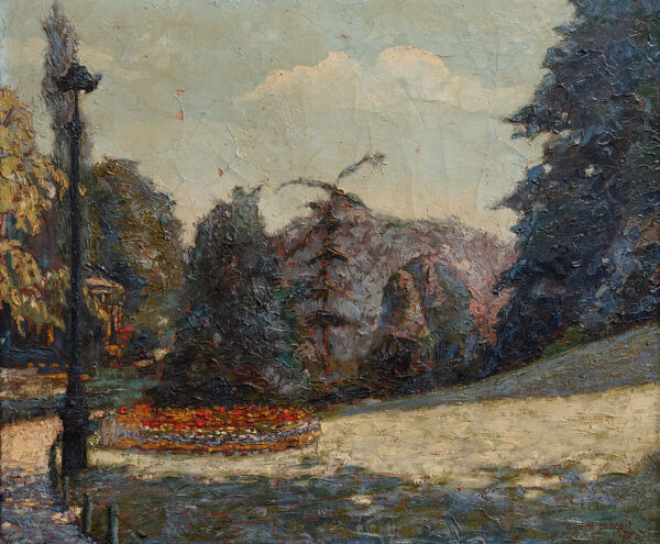 Huile sur toile par André Marait 1921 paysage jardin fleuri XXe