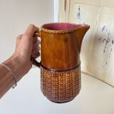 Old vintage ceramic pitcher or jug from Sarreguemines France Brown and pink interior, imitation basket