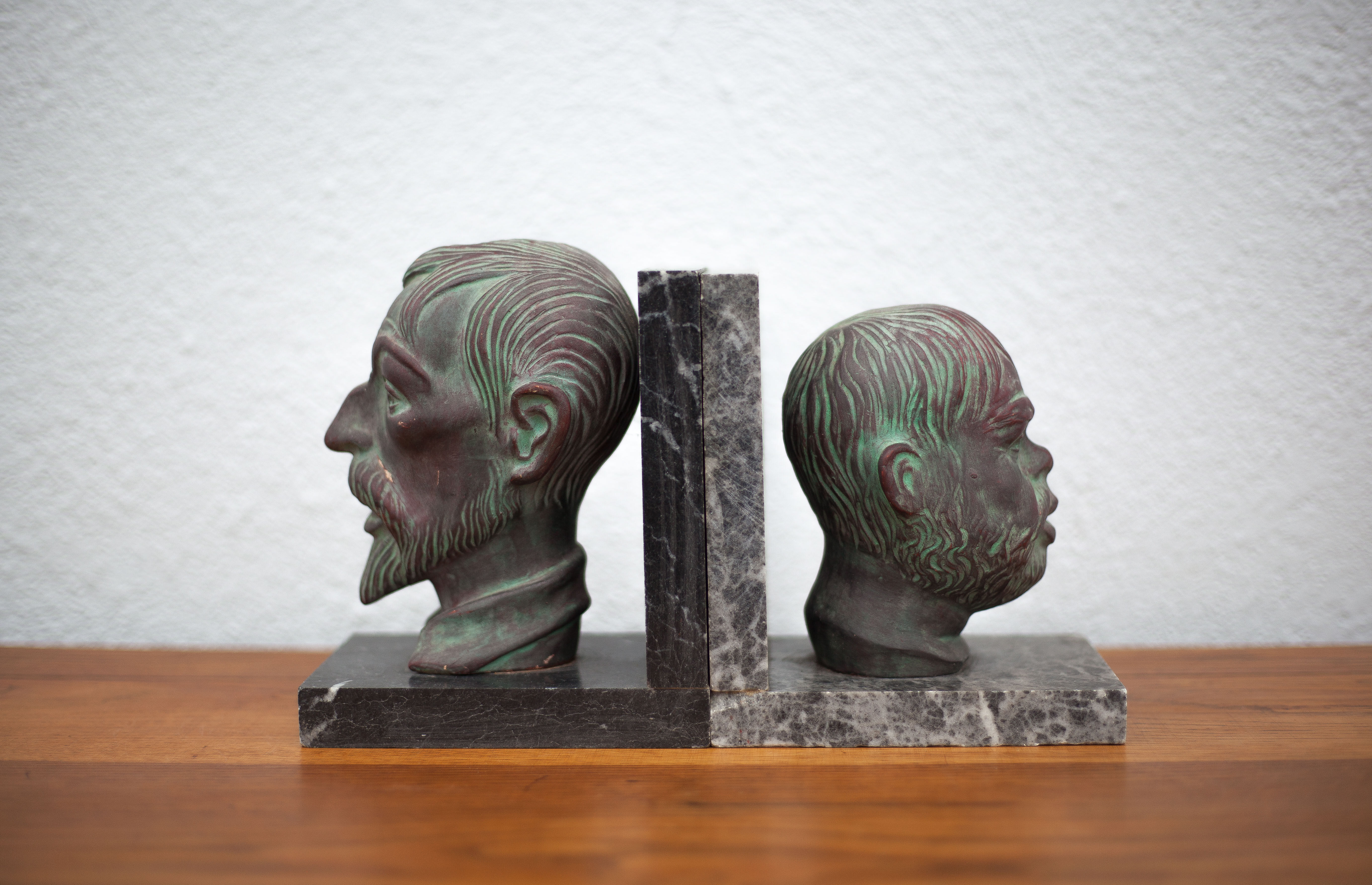 Pair of terracotta and marble bookends, don quixote and sancho panza, paperweight, library