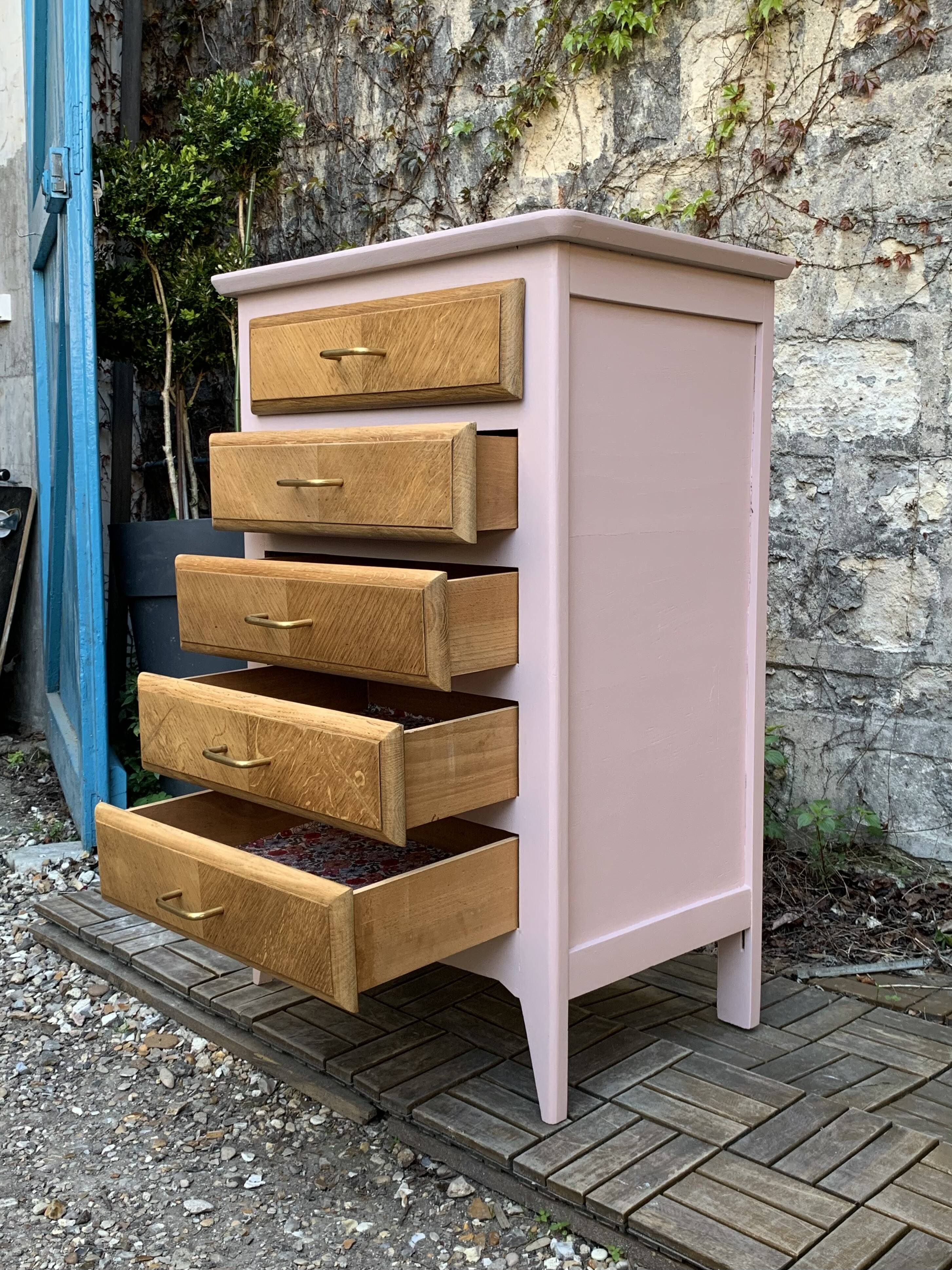 Vintage powder pink compass leg chest of drawers from the 1950s