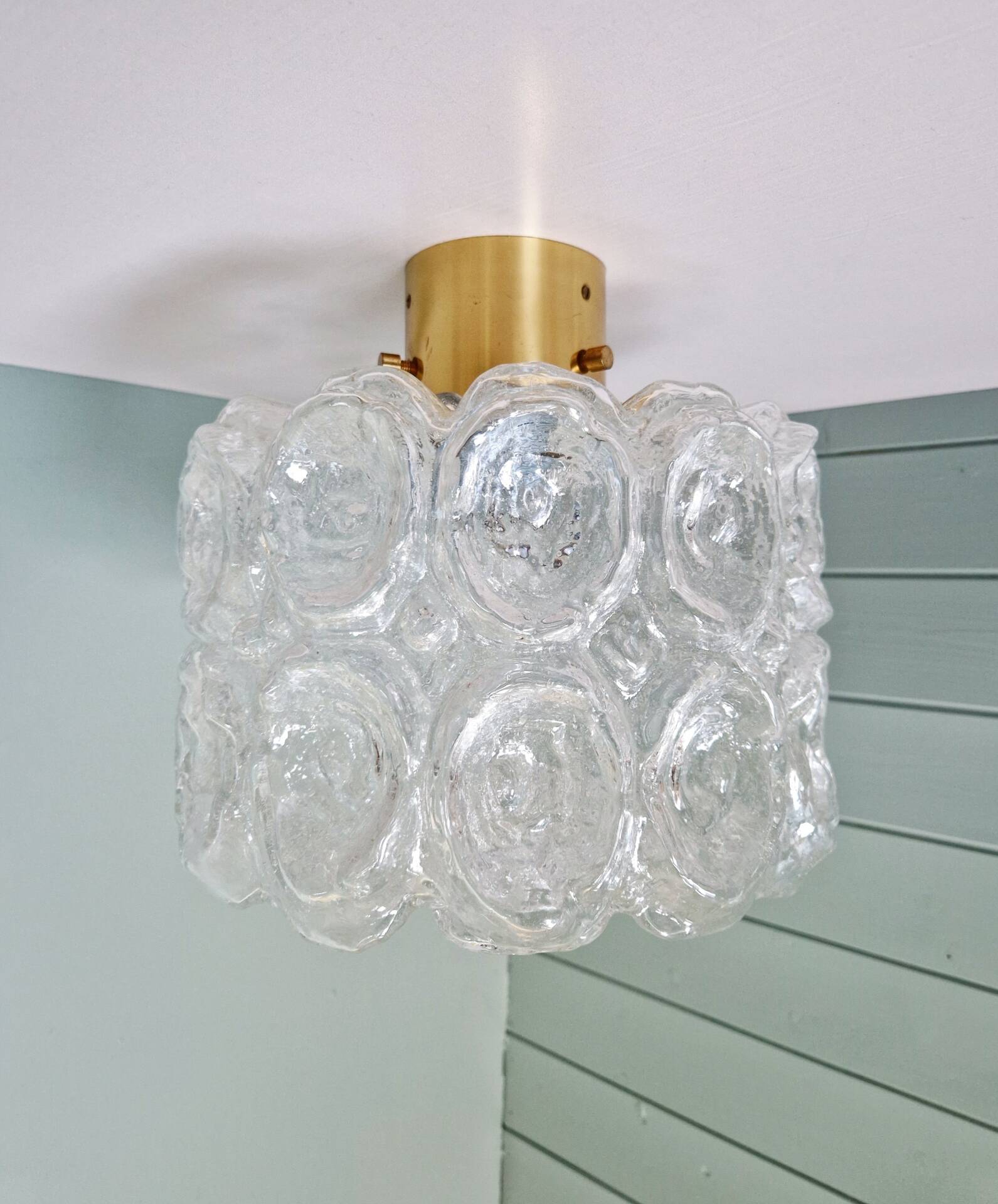 Brass and textured transparent glass ceiling light, Limburg, 1970