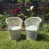 Set of 2 Vintage White Rattan Armchairs – 1970s
