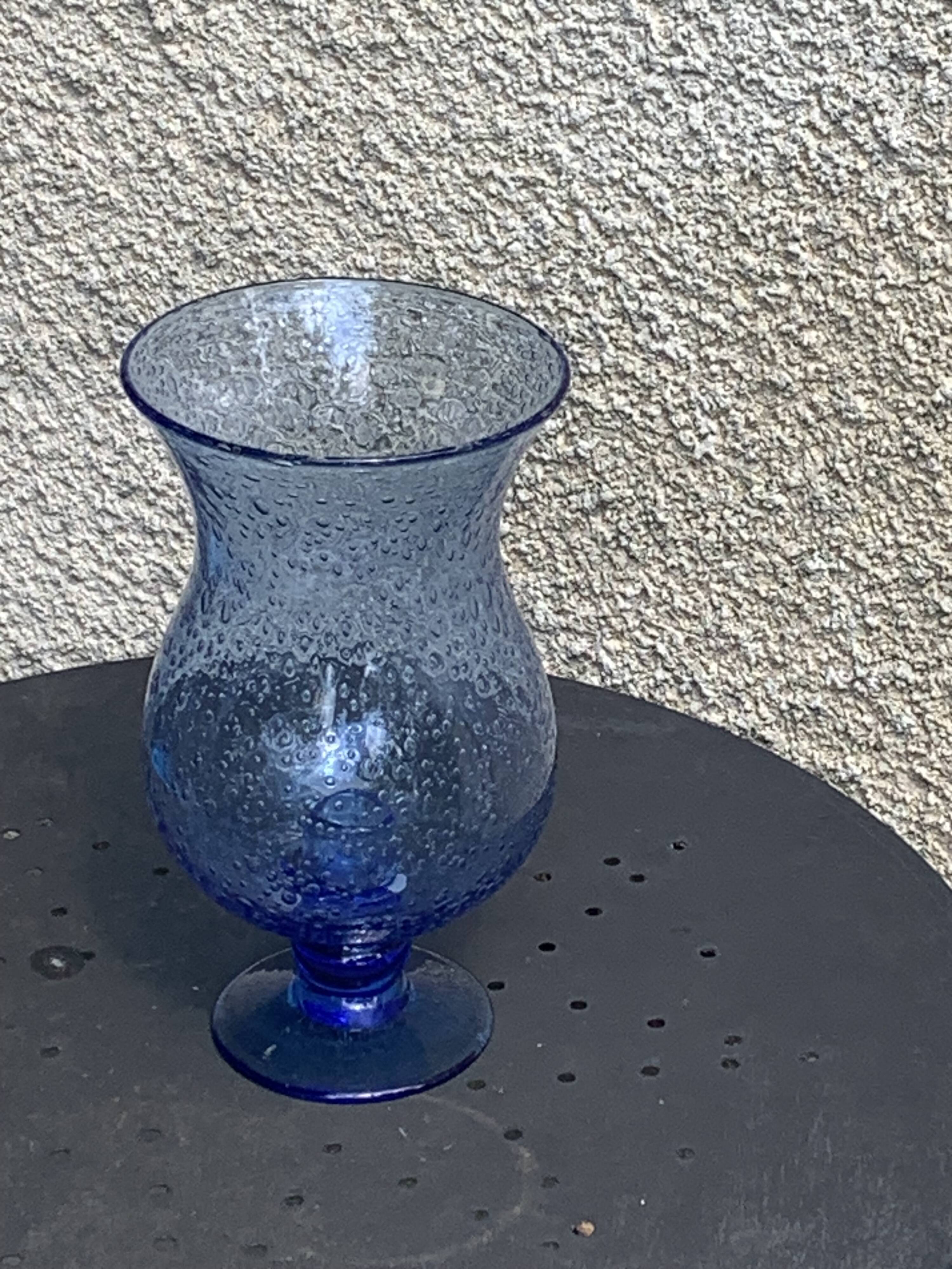 Blue blown glass tealight holder, Biot glassworks, collector's item
