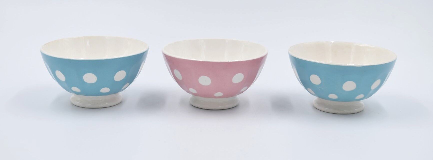 3 small vintage bowls digoin sarreguemines with polka dots pastel colors pink blue