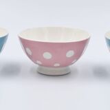 3 small vintage bowls digoin sarreguemines with polka dots pastel colors pink blue