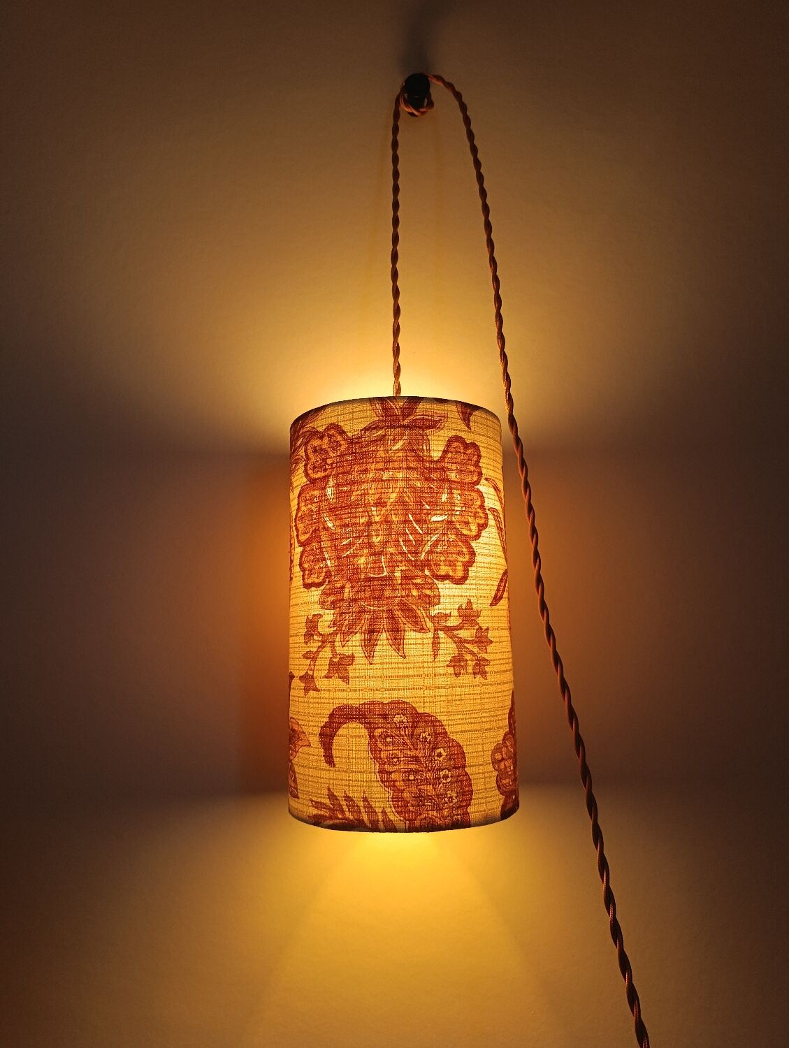 Suspension, nomadic fabric lampshade in vintage yellow floral.