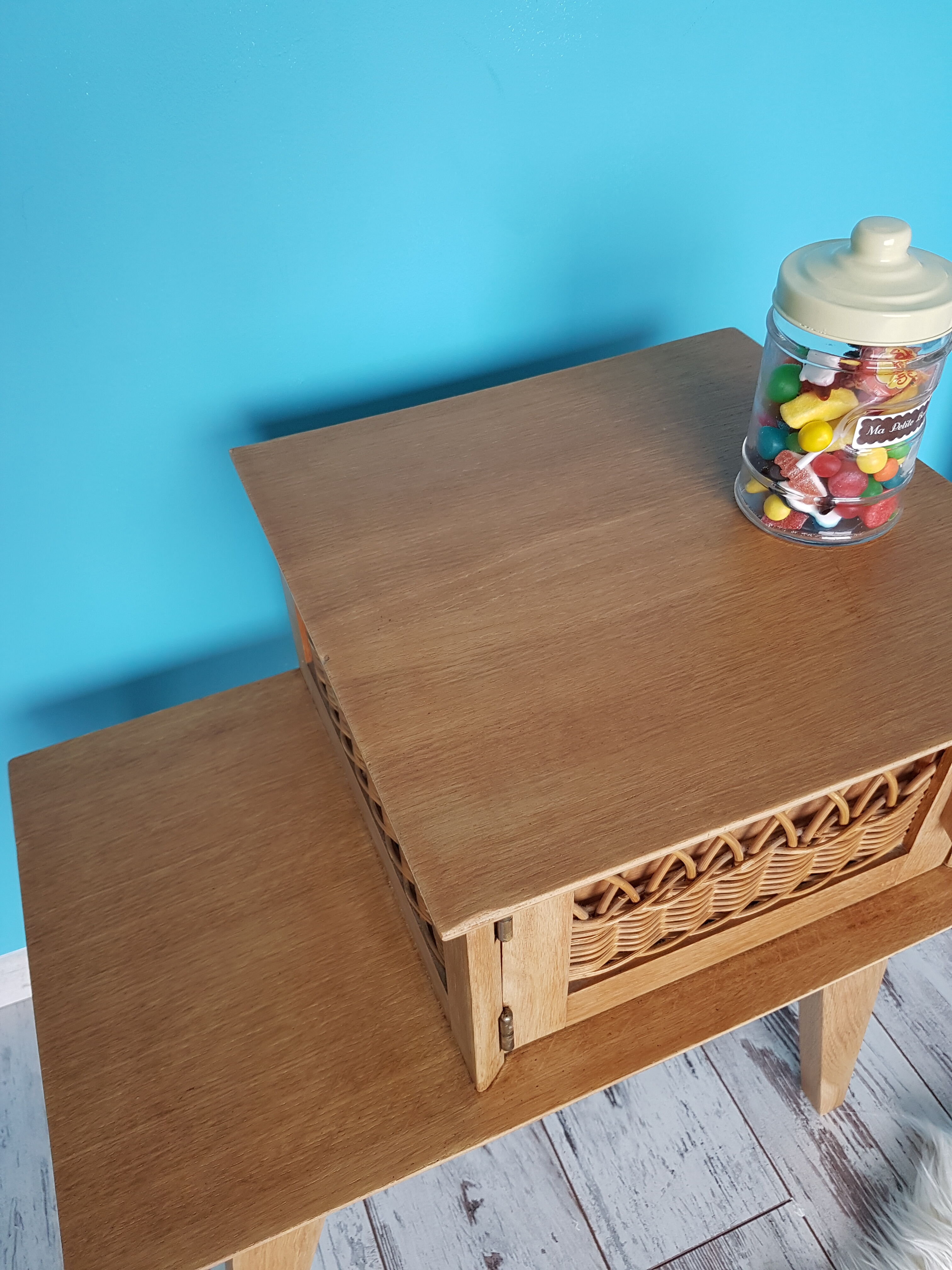 Vintage nightstand wood and rattan