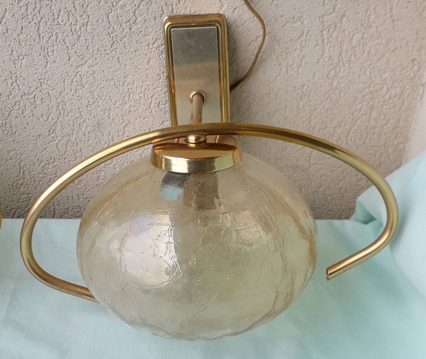 Pair of brass and glass wall lights