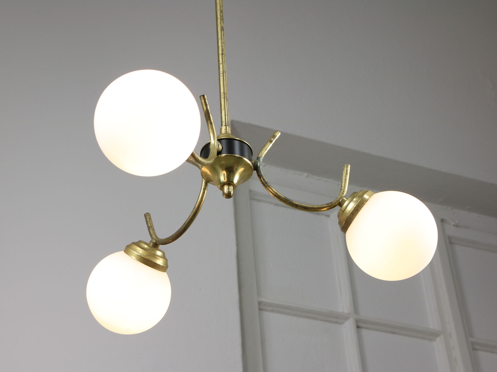 Italian Mid-century Brass and Opaline Glass Chandelier
