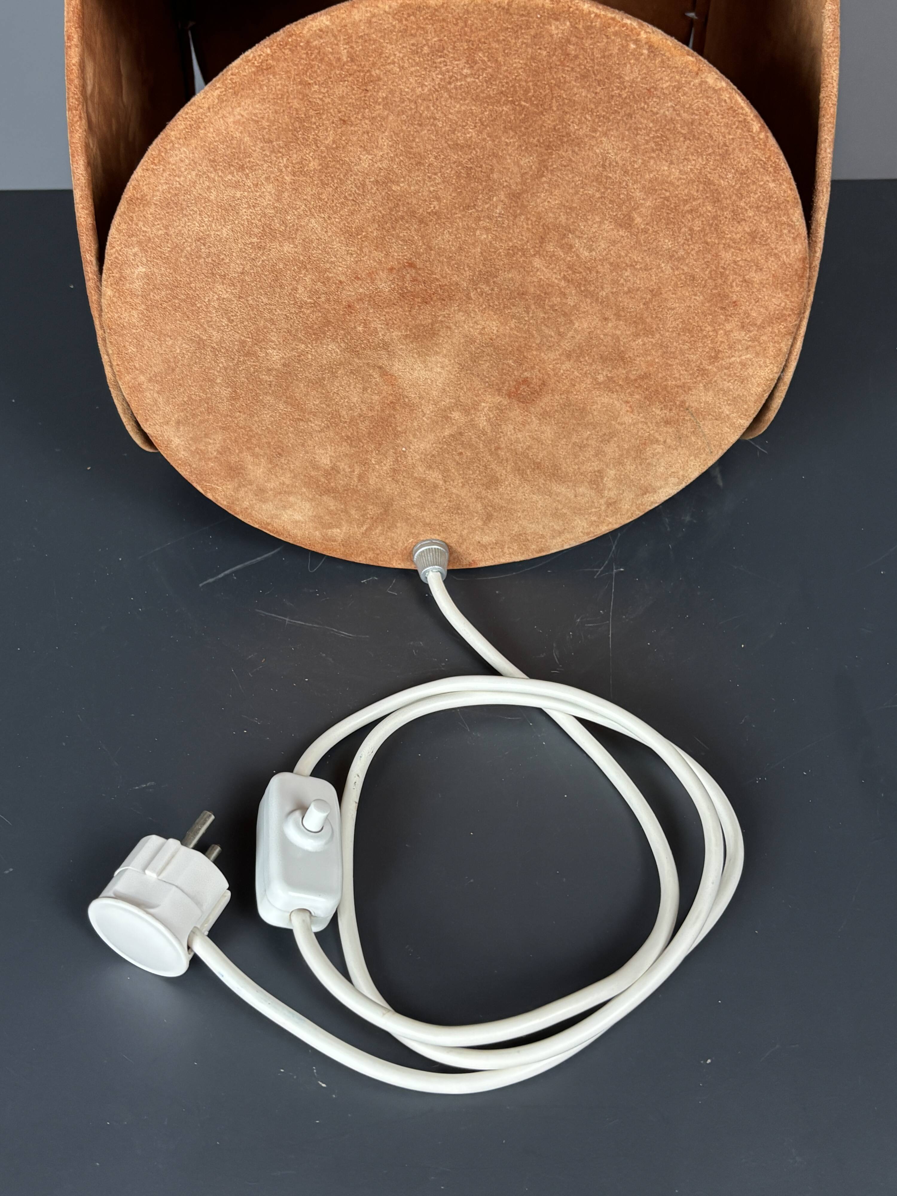 Midcentury XL ( 82 cm ) imposing terracotta suede table lamp. 1970s