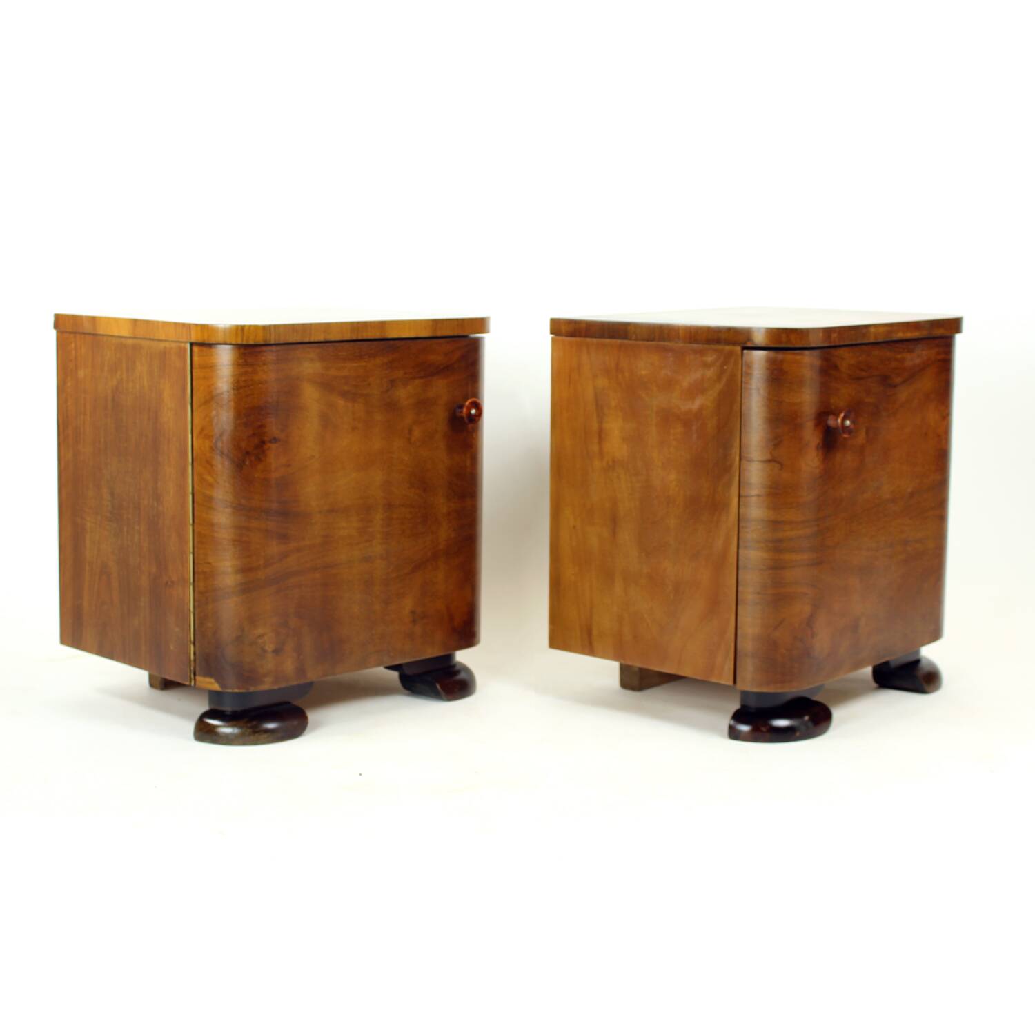 Minimalistic Art Deco Bedside Tables In Walnut Veneer, Czechoslovakia 1930s