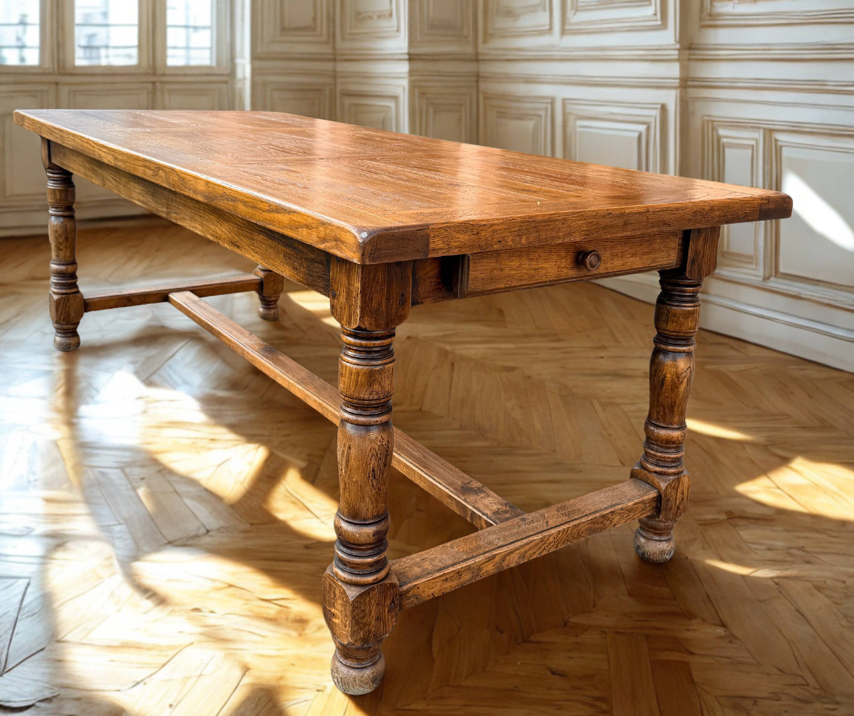 Large farmhouse table made of solid wood.