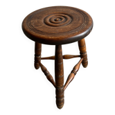 Turned stool in warm brown solid wood — French style, mid-20th century, circa 1950, attributed to Charles Dudouyt