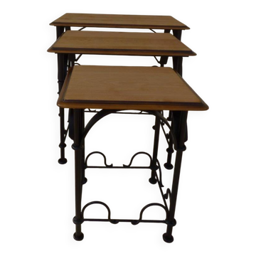 3 nesting tables in wrought iron and solid wood top