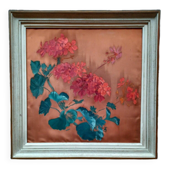 Framed silk painting representing flowers
