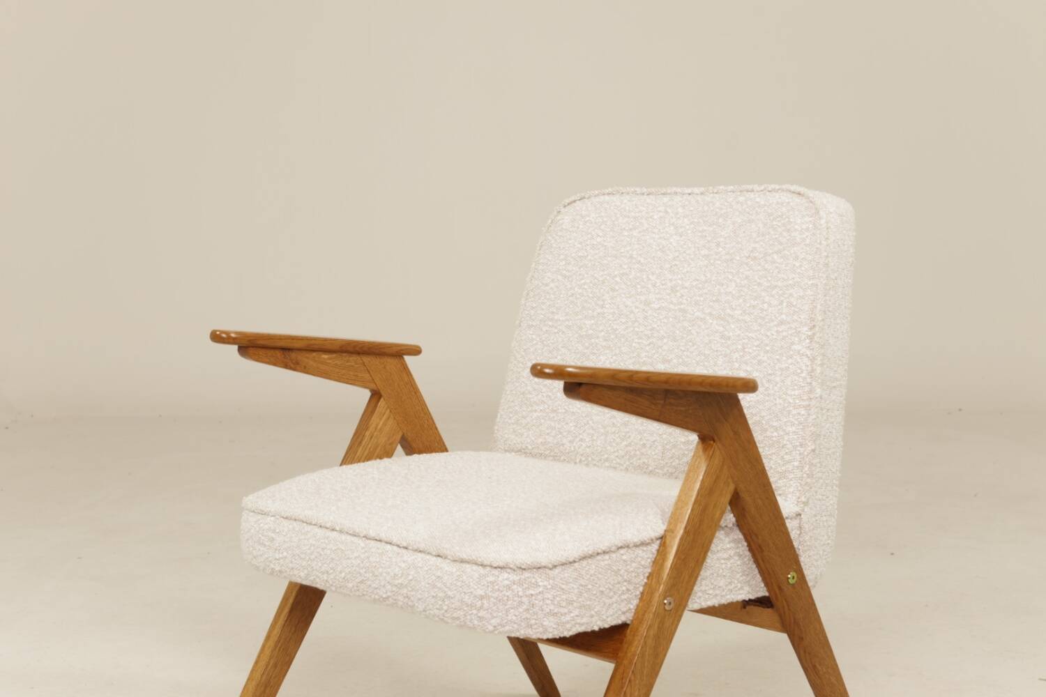 Vintage armchair rustic oak pearl bouclé concluded by Chierowski