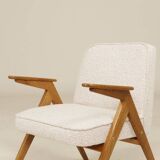 Vintage armchair rustic oak pearl bouclé concluded by Chierowski