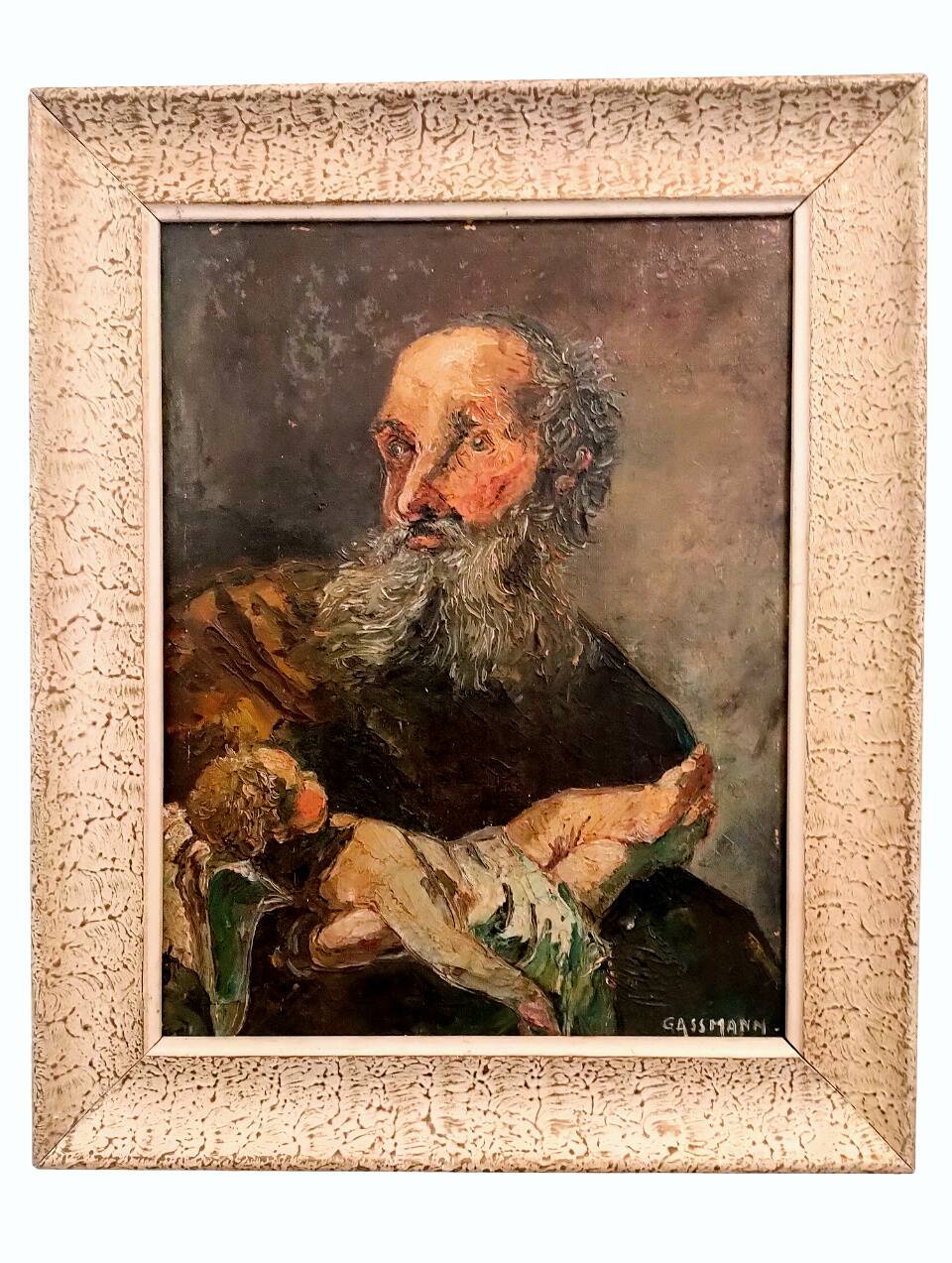 Painting signed GASSMANN (Bernard, 1942) – HSP - Old man carrying a child