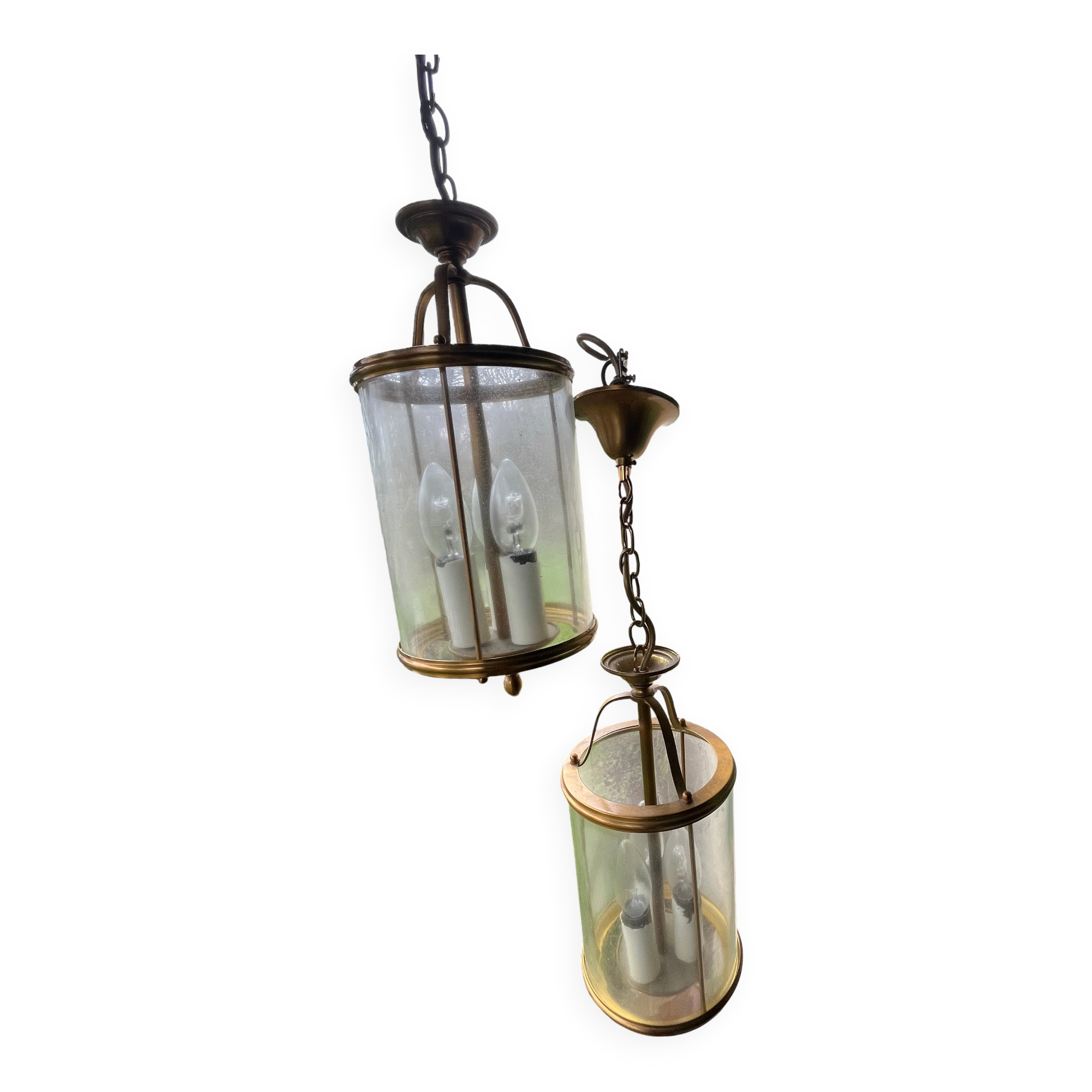 Pair of glass and brass chandeliers