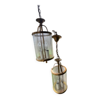 Pair of glass and brass chandeliers