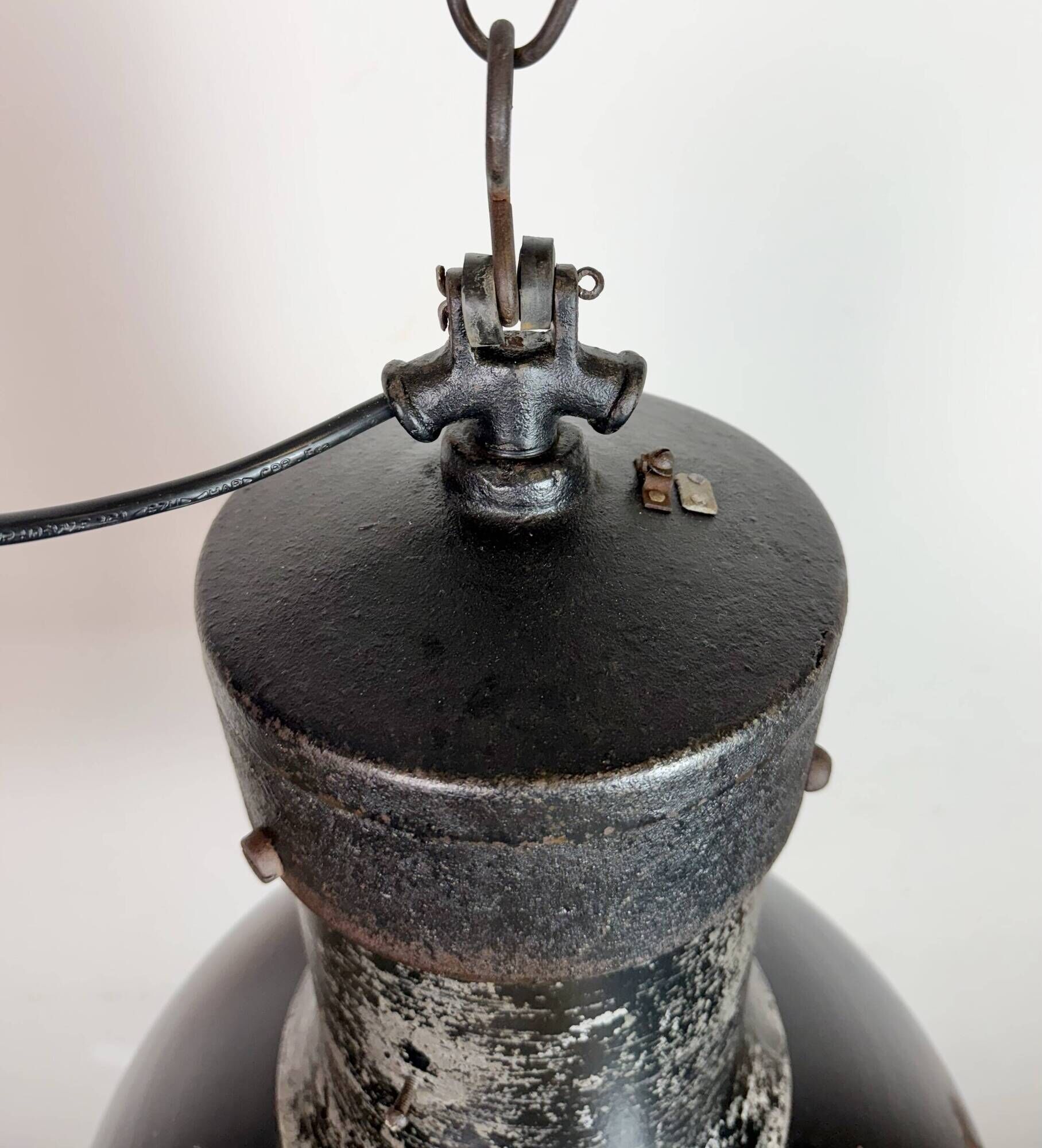 Large Industrial Factory Black Pendant Lamp with Cast Iron Top, 1950s