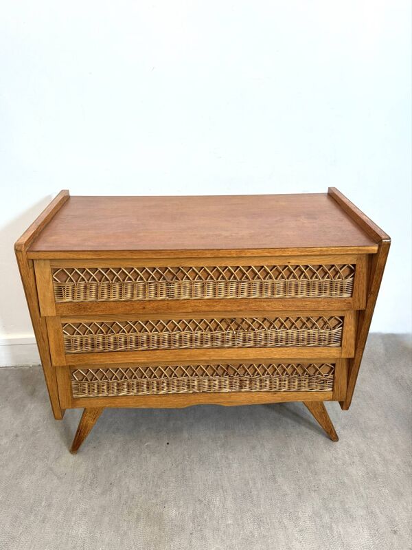 Commode vintage  pieds compas en rotin
