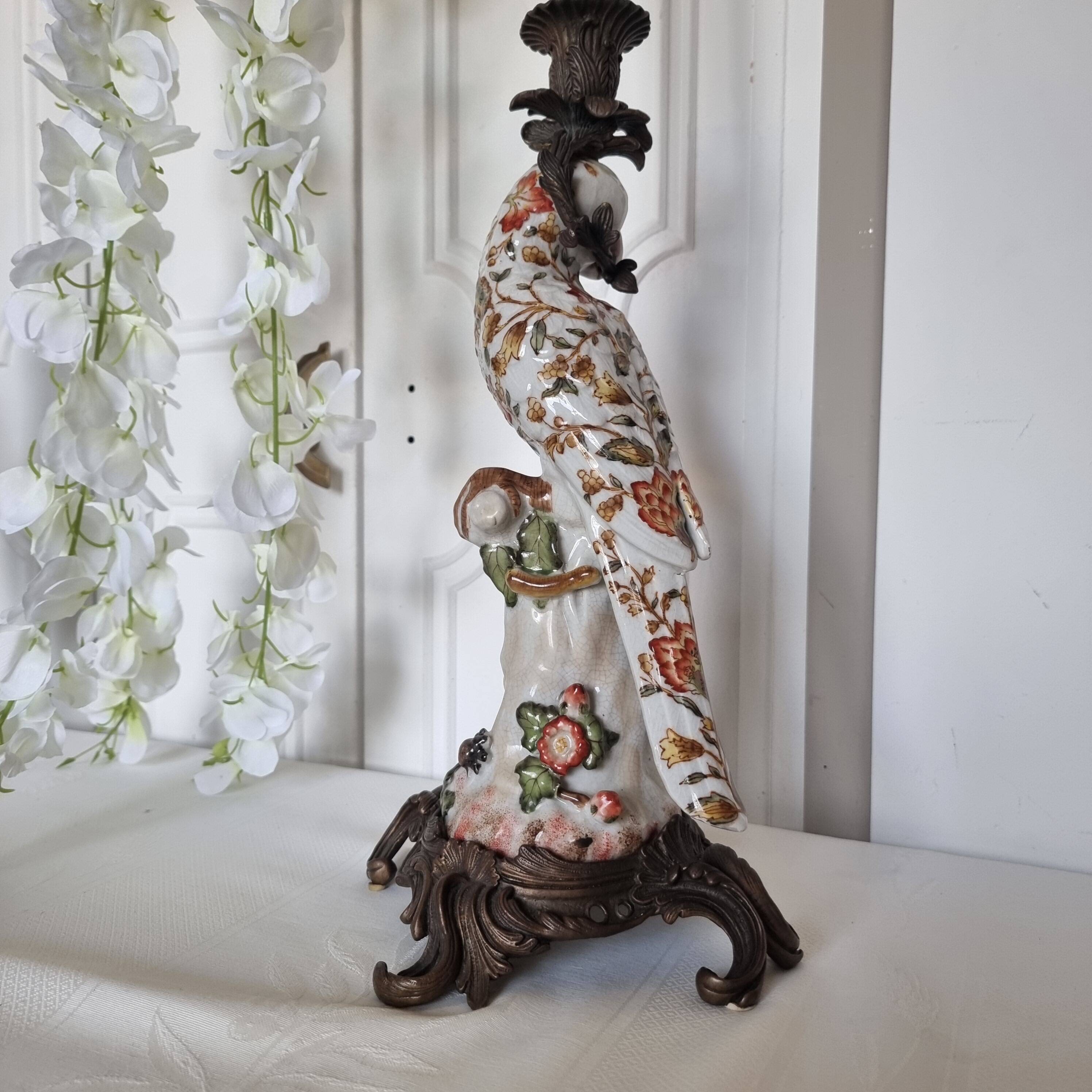 Parrot Candle Holder, Enameled Porcelain and Bronze, Late 19th Century