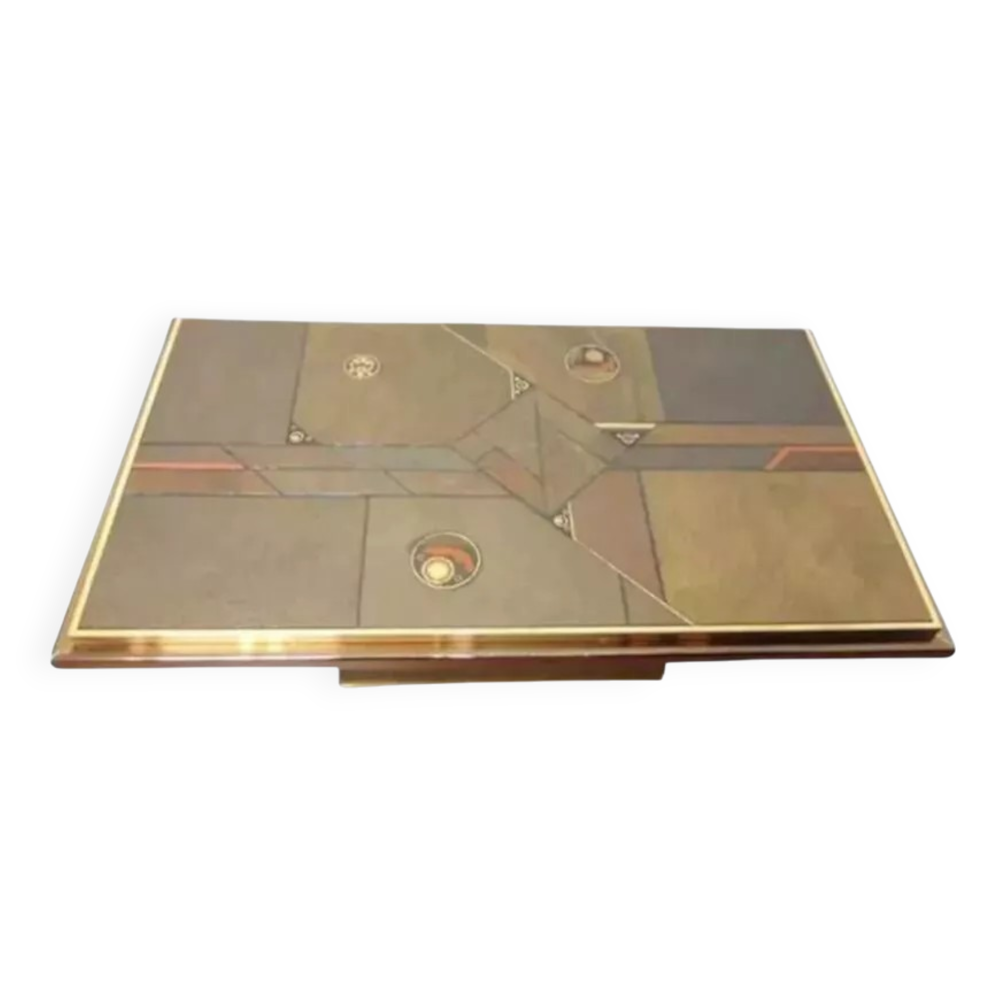 70s Brutalist Coffee Table in Brass, Bronze and Stone