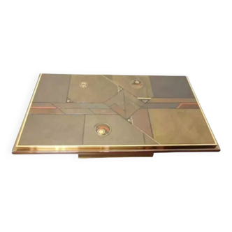 Table basse brutaliste années 70 en laiton, bronze et pierre