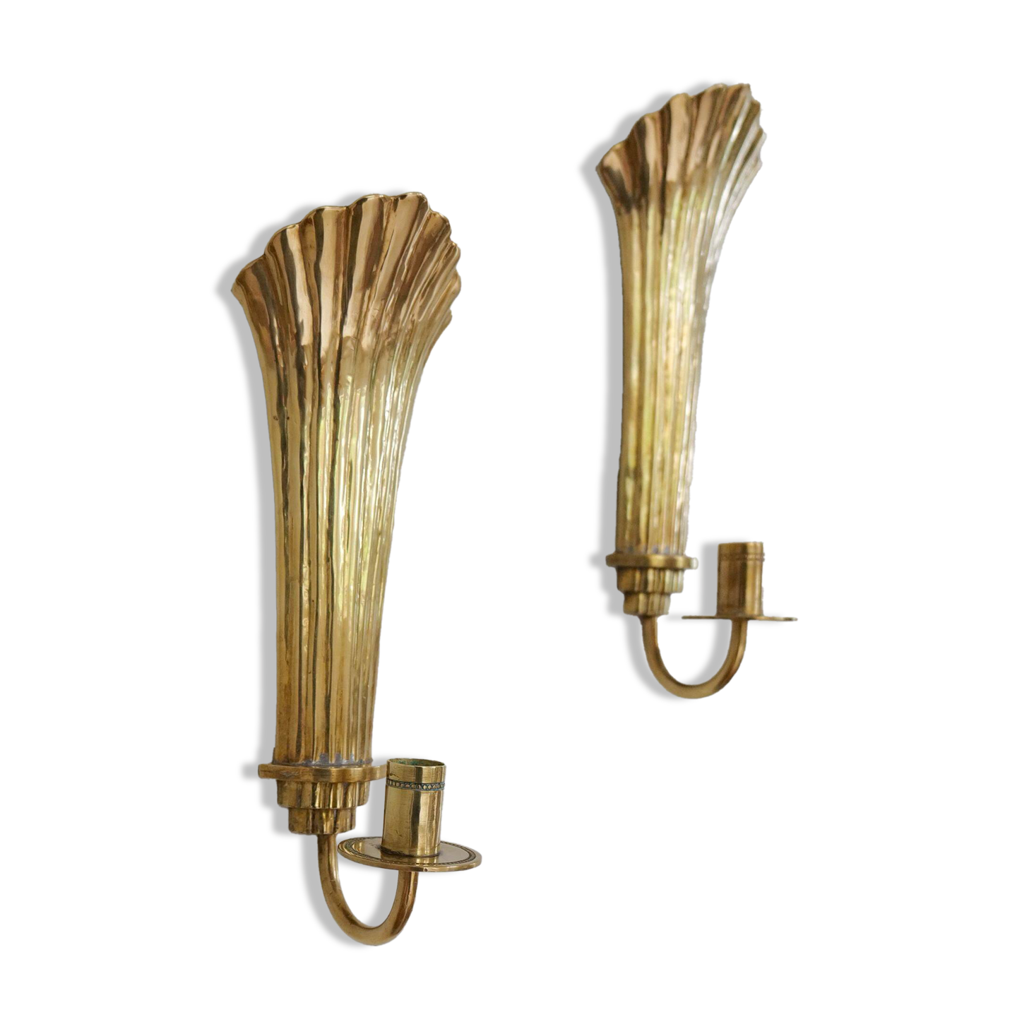 Pair of Art Deco brass wall sconces by Holmström, Arvika, Sweden, 1940s.
