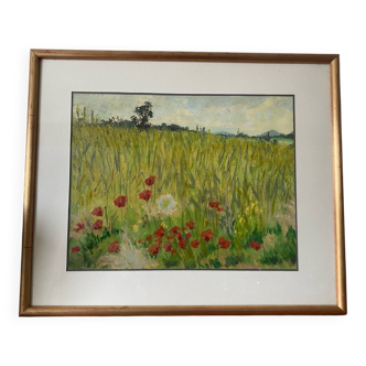 Oil painting on paper by marcel juillard, poppy fields, wooden frame