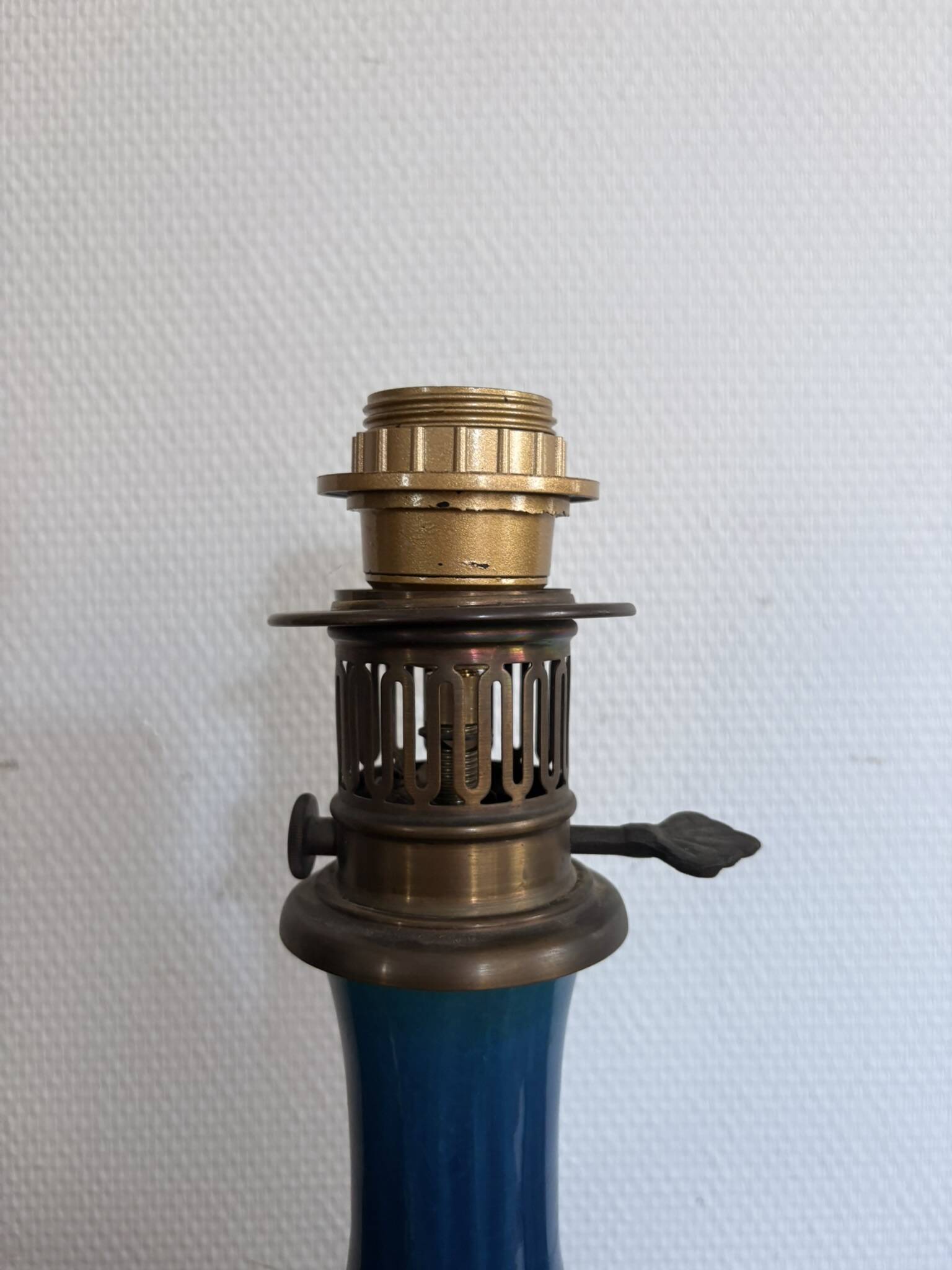 Blue Enamelled Ceramic Lamp Base Brass Vintage Oil Lamp Style