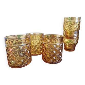Set of 5 vintage glasses in amber yellow glass pernod france 2 assorted models