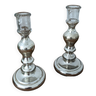 Pair of eglomised / mercurized candle holders