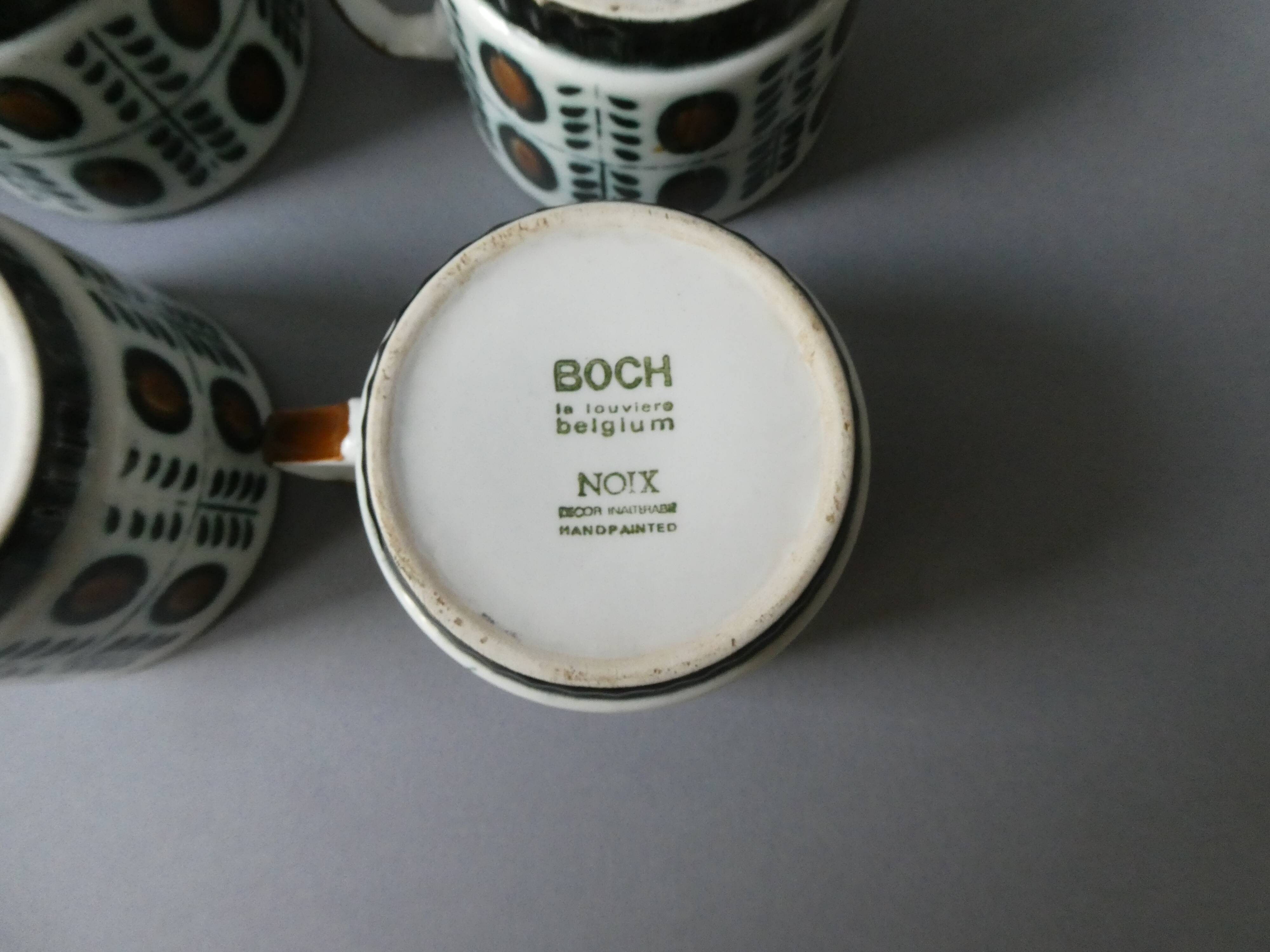 6 Boch La Louvière coffee cups, walnut decor, 1960s