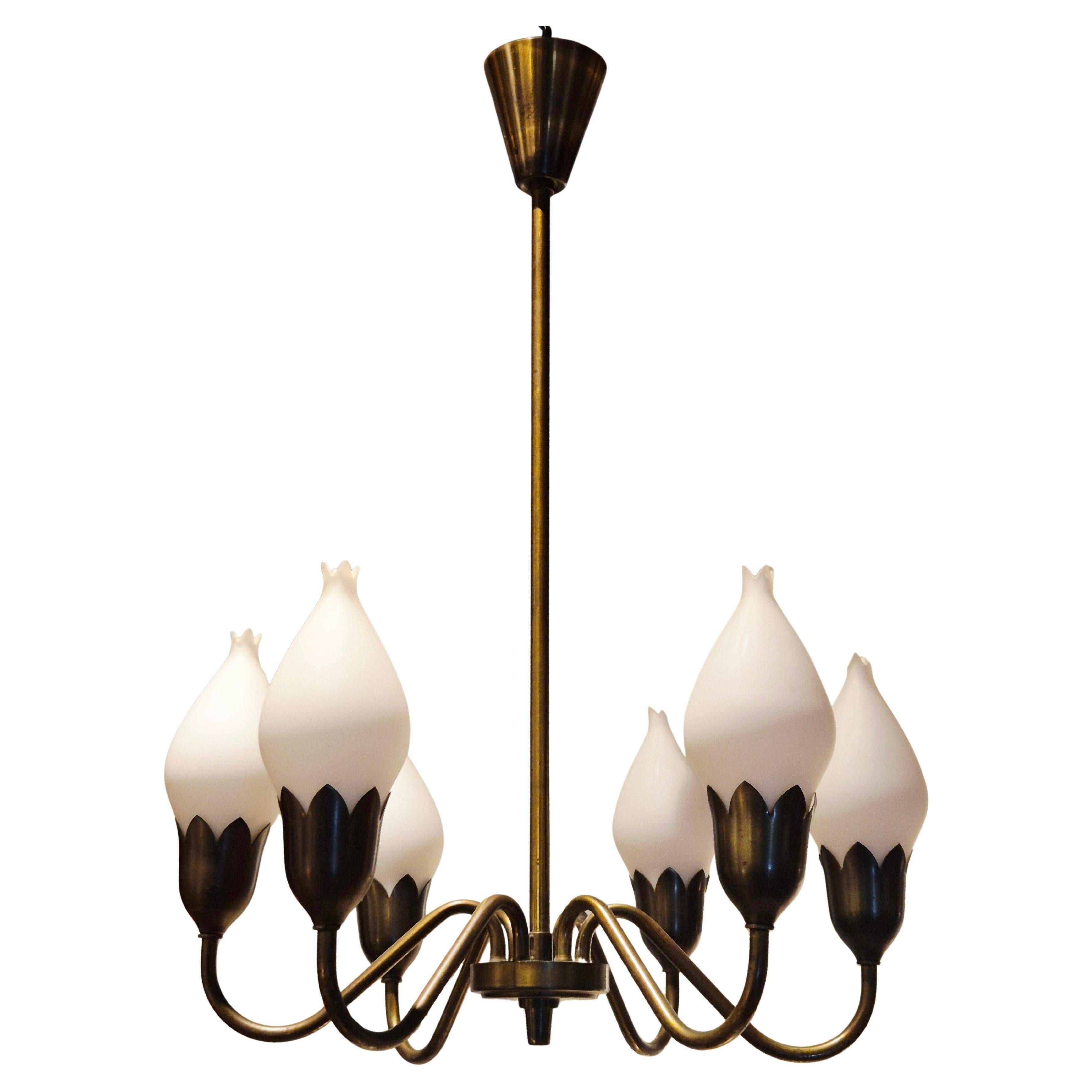 Lustre "Tulip" in brass and glass by Fog and Morup, Denmark.