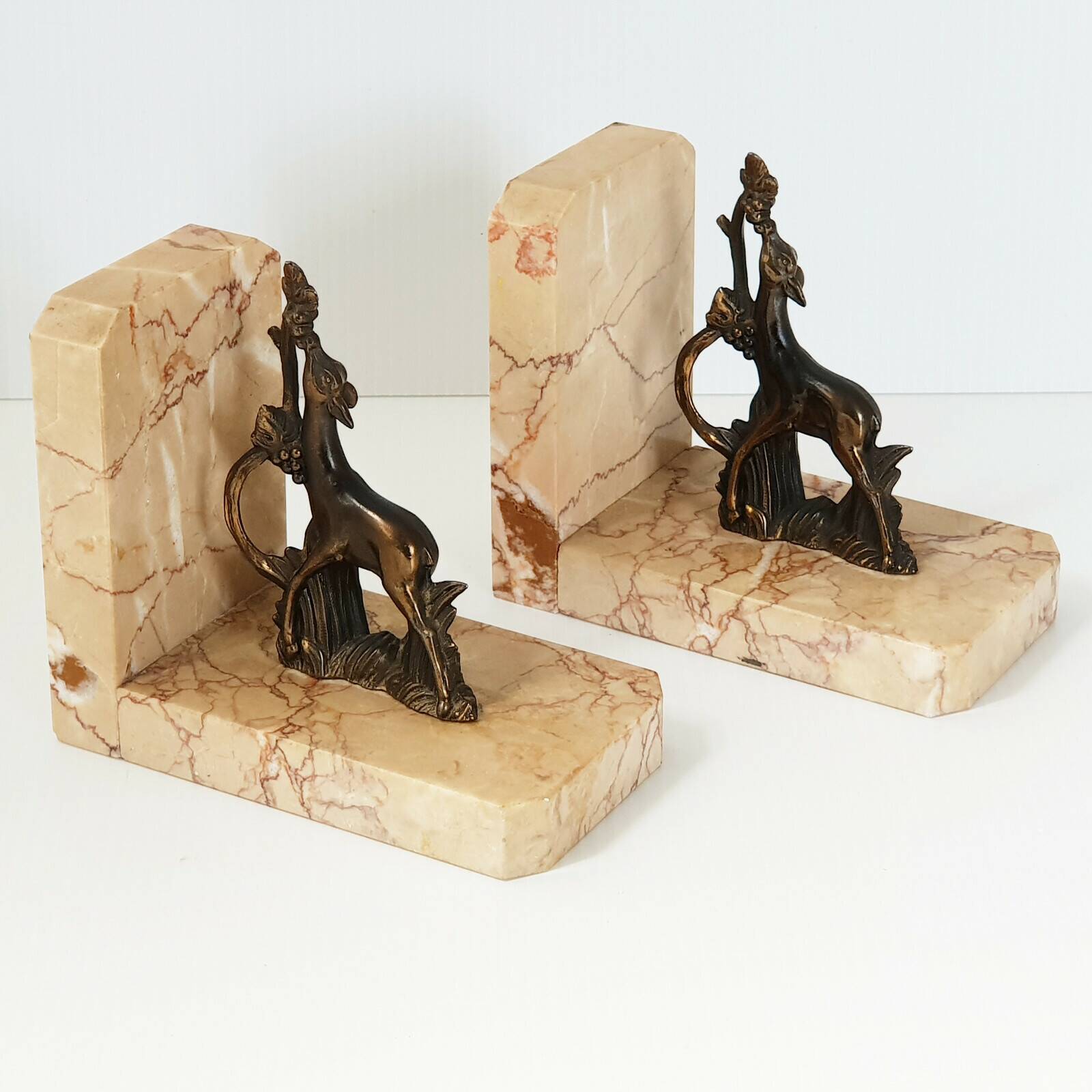 Vintage bronze & marble fawn bookends 1940s 50s