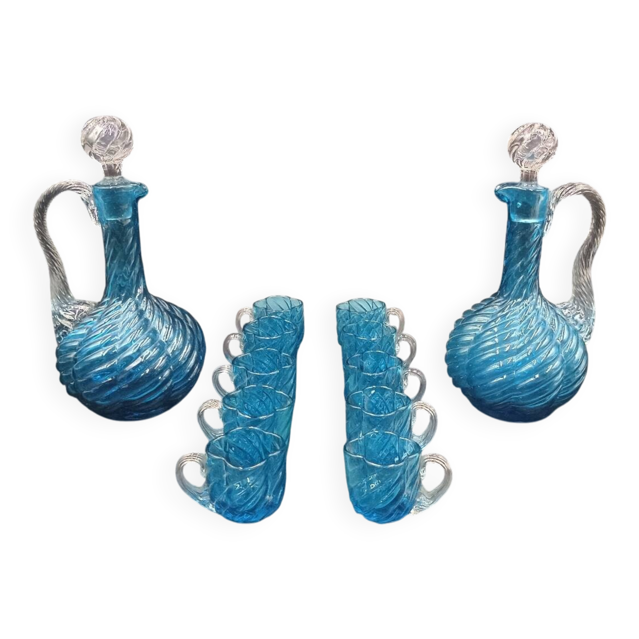 Cabaret Portieux liqueur service with 10 blue and clear glasses.