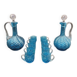 Cabaret Portieux liqueur service with 10 blue and clear glasses.